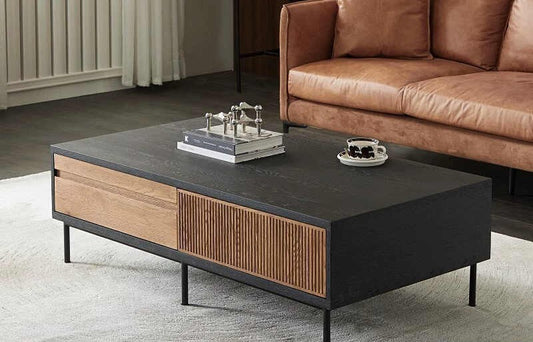 Modern Vintage Oak Coffee Table with Storage Drawers, Black and Wood Designer Center Table for Small Spaces