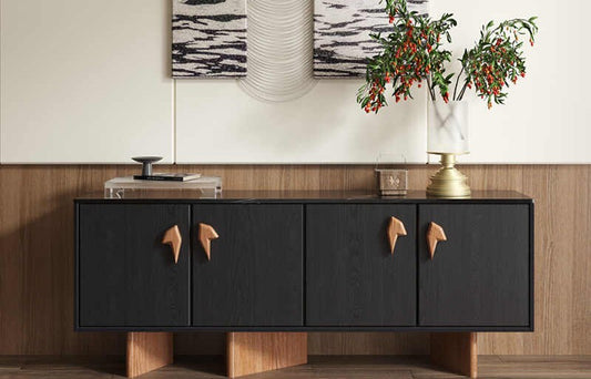 Solid Wood Sideboard, Designer Black Buffet with Unique Handles, Modern Entryway/Villa Storage Cabinet
