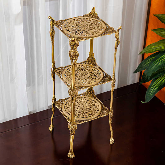 Ornate Vintage Brass 3-Tier Plant Stand – Decorative Tall Metal Display Shelf, Luxury Antique Gold Corner Side Table for Living Room