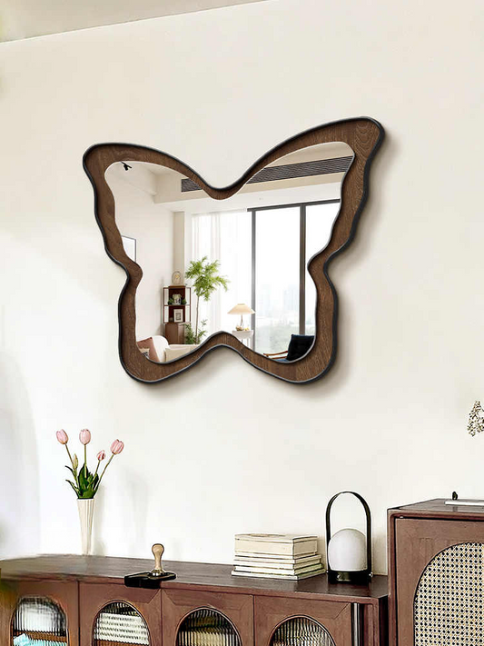 3D Butterfly Mirror Art, Creamy Vintage Accent Wall & Table Decor (Black Frame, Handcrafted Micro-spray)