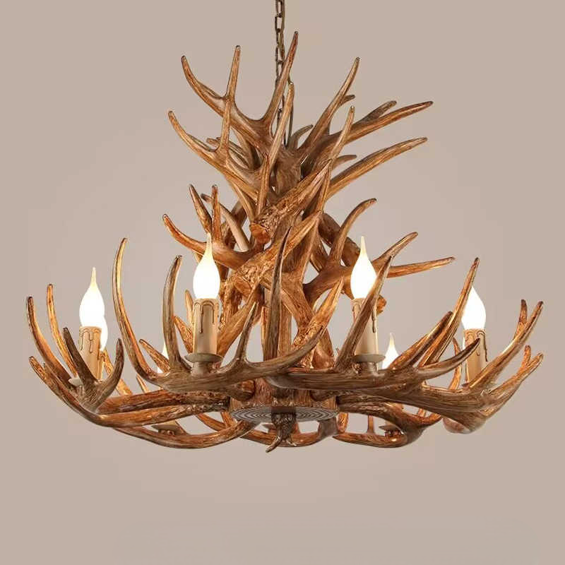 Vintage Faux Antler Chandelier, 9-Light Double Layer, Industrial Dining & Living Room Ceiling Lamp