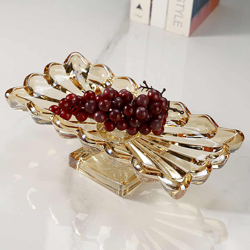 Luxury Amber Crystal Glass Pedestal Serving Tray, Flower Petal Design Rectangular Dessert Platter for Cakes & Pastries, Elegant High-Foot Display Stand