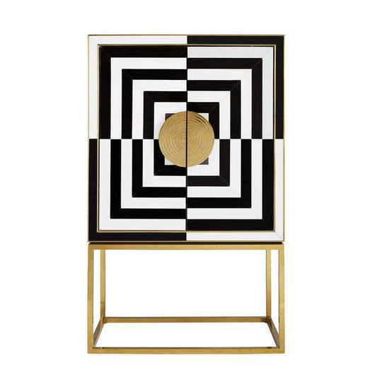 Luxury Postmodern Sideboard Cabinet – Geometric Black & White Op Art Design with Gold Frame for Living Room & Entryway