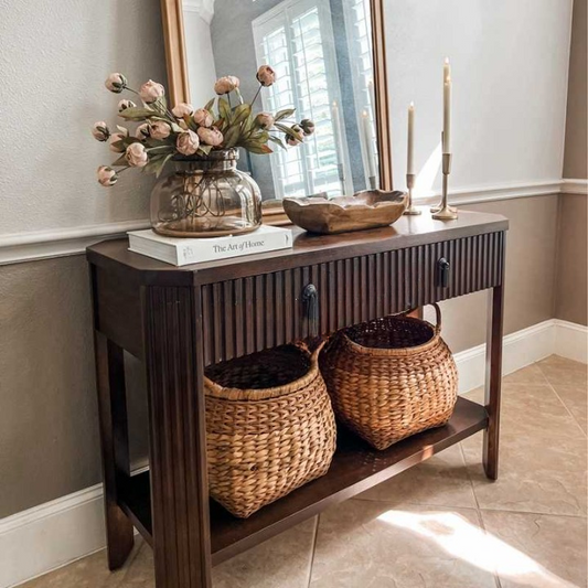 Rustic Country Solid Wood Narrow Entryway Console Table – Vintage Hallway Foyer Cabinet with Drawer and Shelf, Dark Brown