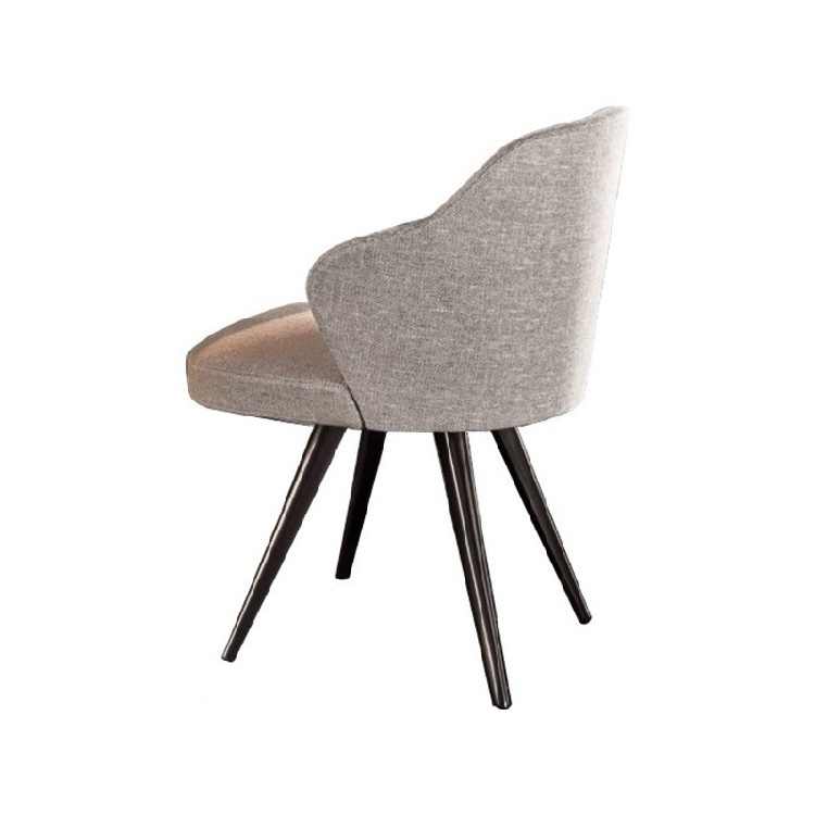 Nordic Modern Leather Dining Chair with Walnut Wood Legs, Contemporary Curved Back Restaurant Chair in Light Gray Fabric, Designer Hotel Quality Seating