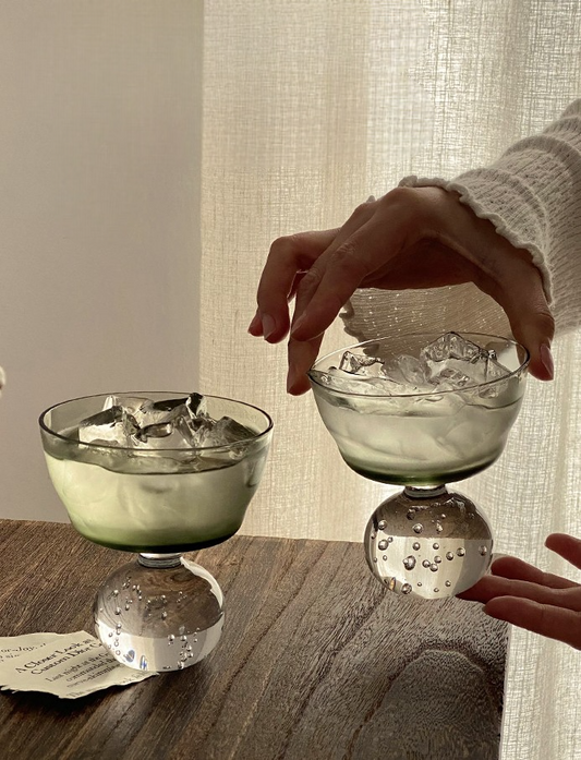 Vintage Art Glass Bubble Stem Cocktail Glasses 200ml – Handmade Green Bowl, Sculptural Spherical Bubble Foot, Pair (Set of 2) Highball, Water, or Dessert Cups