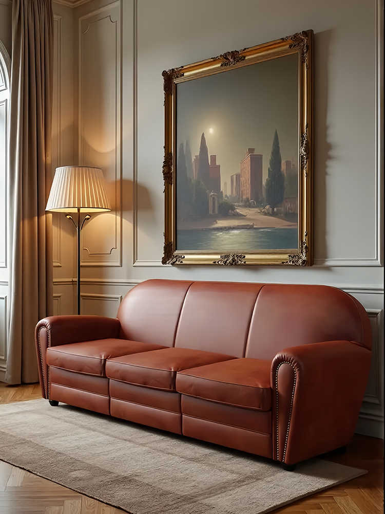 Vintage Genuine Leather Sofa – Retro Designer 3 Seater Couch for Small Living Room & Luxury Apartment, Tufted Brown