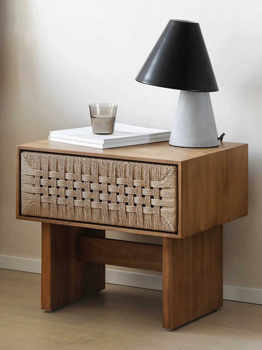 Solid Wood Rope-Woven Nightstand, Minimalist Living Room Bedside Table – Fully Assembled