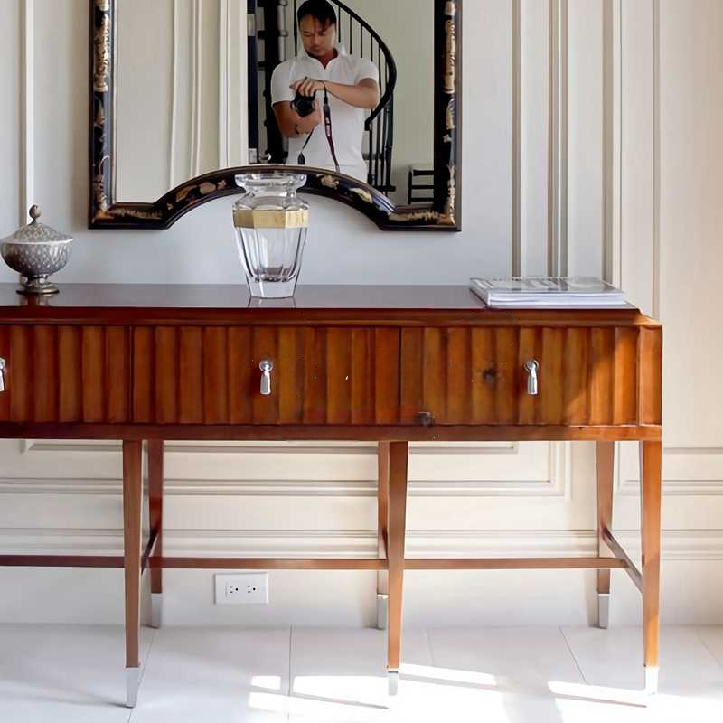 Vintage Walnut Solid Wood Console Table – Light Luxury Entryway Buffet, Mid-Century Hallway Cabinet