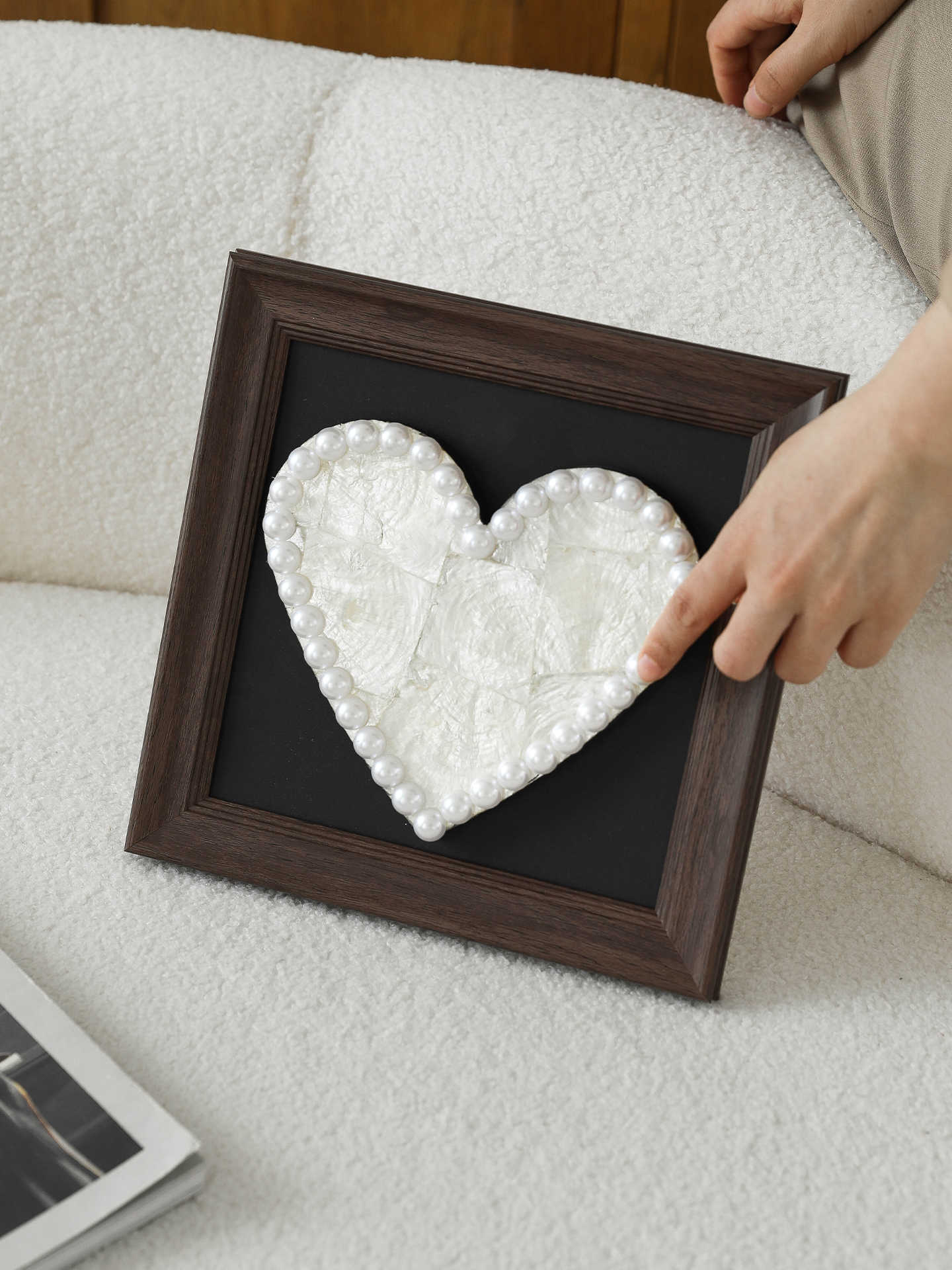 Luxury Pearl Heart Decorative Art, Square Eco Resin Frame Tabletop or Wall Accent for Living Room & Bedroom