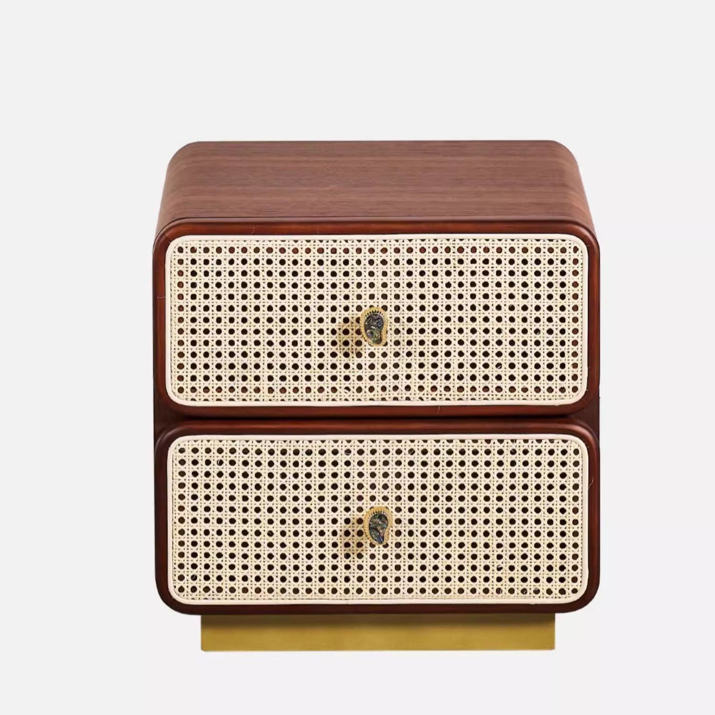 Italian Minimalist Natural Rattan Nightstand – Contemporary Woven Cane Storage Cabinet with Brass Accents, Modern Bedroom Furniture