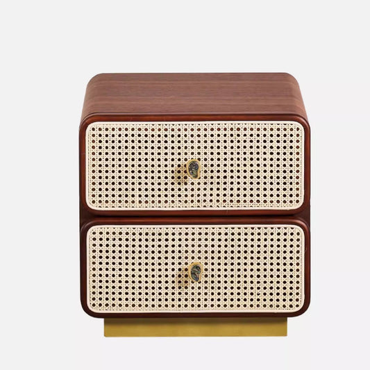 Italian Minimalist Natural Rattan Nightstand – Contemporary Woven Cane Storage Cabinet with Brass Accents, Modern Bedroom Furniture