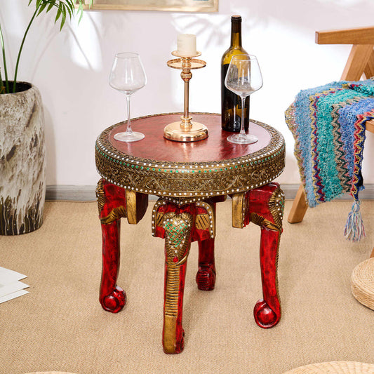 Thai Handcrafted Elephant-Inspired Solid Wood Side Table, Vintage Round Accent Table for Living Room & Balcony