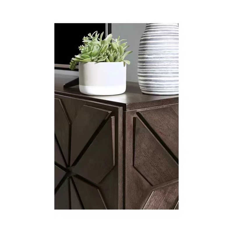 American Vintage Geometric TV Console with Diamond Pattern Relief & Hairpin Legs, Distressed Wood Entertainment Center