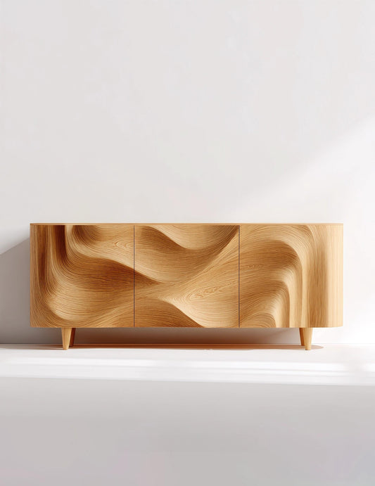 Retro Sculpted Wood Sideboard – Designer Solid Wood Flowing Wave Buffet, Modern Artistic Storage Cabinet