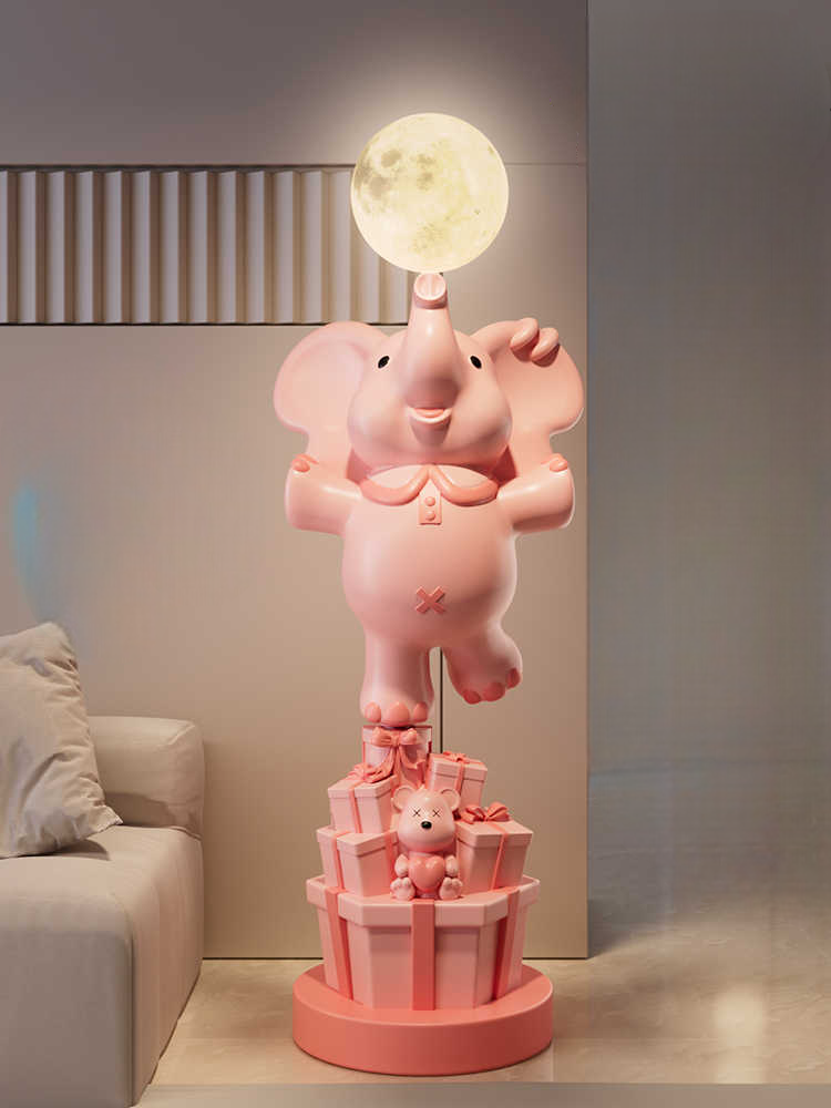 Cream Style Elephant Floor Decor with Moon Lamp, Bluetooth Speaker, and Piggy Bank, Cute Living Room Accent for TV Stand, Sofa Side, or Housewarming Gift