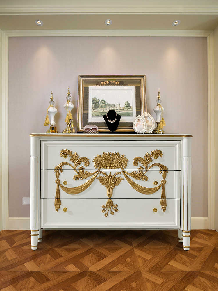 American Luxury Hand-Painted Chest of Drawers with Gold Baroque Details, French Colonial Style Storage Cabinet for Bedroom