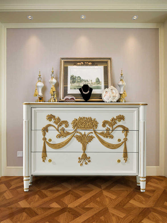 American Luxury Hand-Painted Chest of Drawers with Gold Baroque Details, French Colonial Style Storage Cabinet for Bedroom