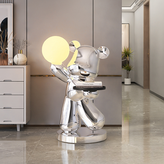 Modern Chrome Bear Floor Lamp with Tray – Statement Sculpture Accent Table for Living Room, Bedroom, or Office
