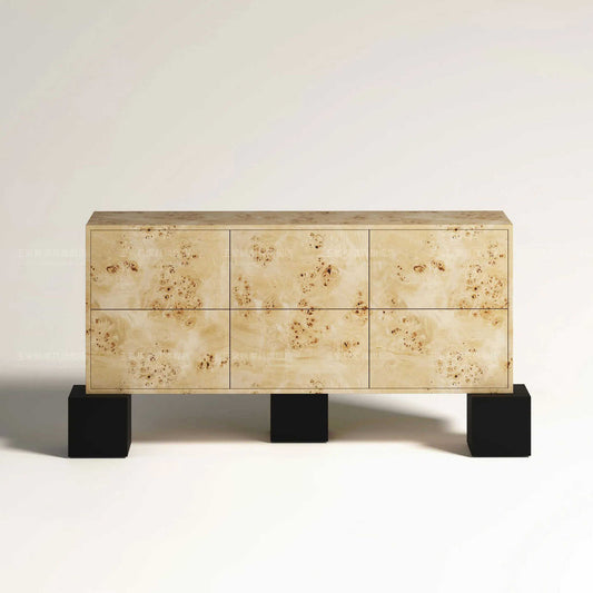 Mid-Century Vintage Burl Wood Six-Drawer Sideboard, Retro Solid Wood Storage Cabinet for Living Room, Bedroom, Accent Wall