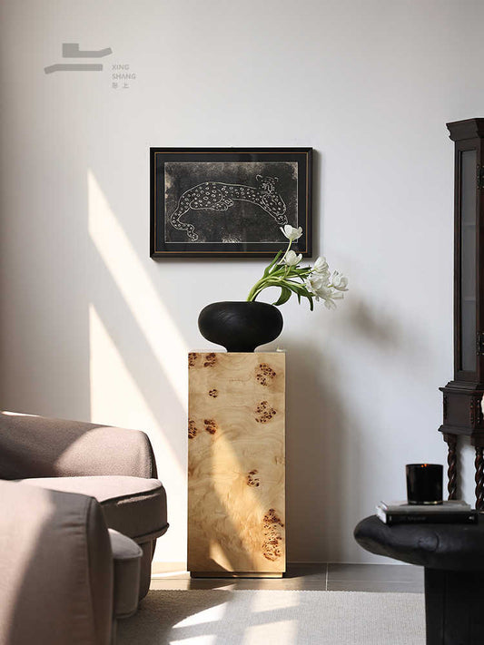 French Vintage Burl Wood Pedestal Stand – Natural Tree Burr Sculpture Base, Square Column Plant Stand for Art Display, Home Decor, Gallery Accent