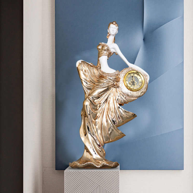Elegant Style Rose Gold Sculpted Lady Clock – Luxury Resin Figurine Table Decor for Living Room, Office, or Hotel