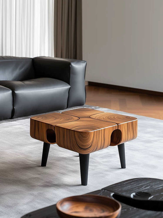 Nordic Solid Wood Square Coffee Table with Oval Cutouts – Modern Minimalist Living Room Accent Table, Natural Wood Grain End Table with Black Legs for Small Spaces