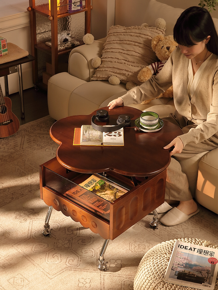 Retro Solid Wood Lift Top Coffee Table – Rolling Storage Cabinet & Adjustable Sofa End Table for Living Room