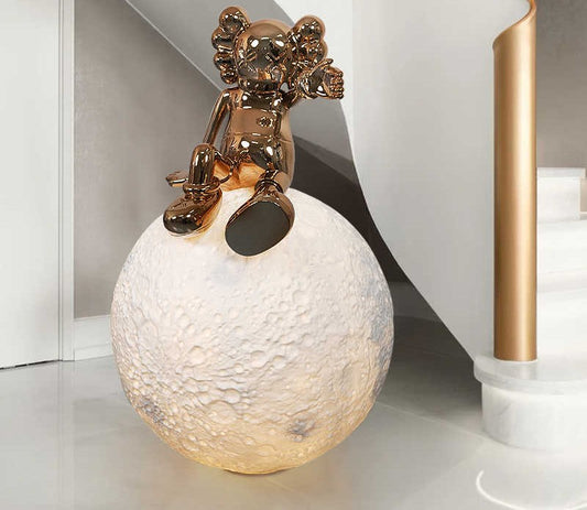 Modern Designer Bear Figurine Moon Lamp, Large Cartoon Sculpture for Living Room, Nursery & Staircase Decor, Luxury Creative LED Art
