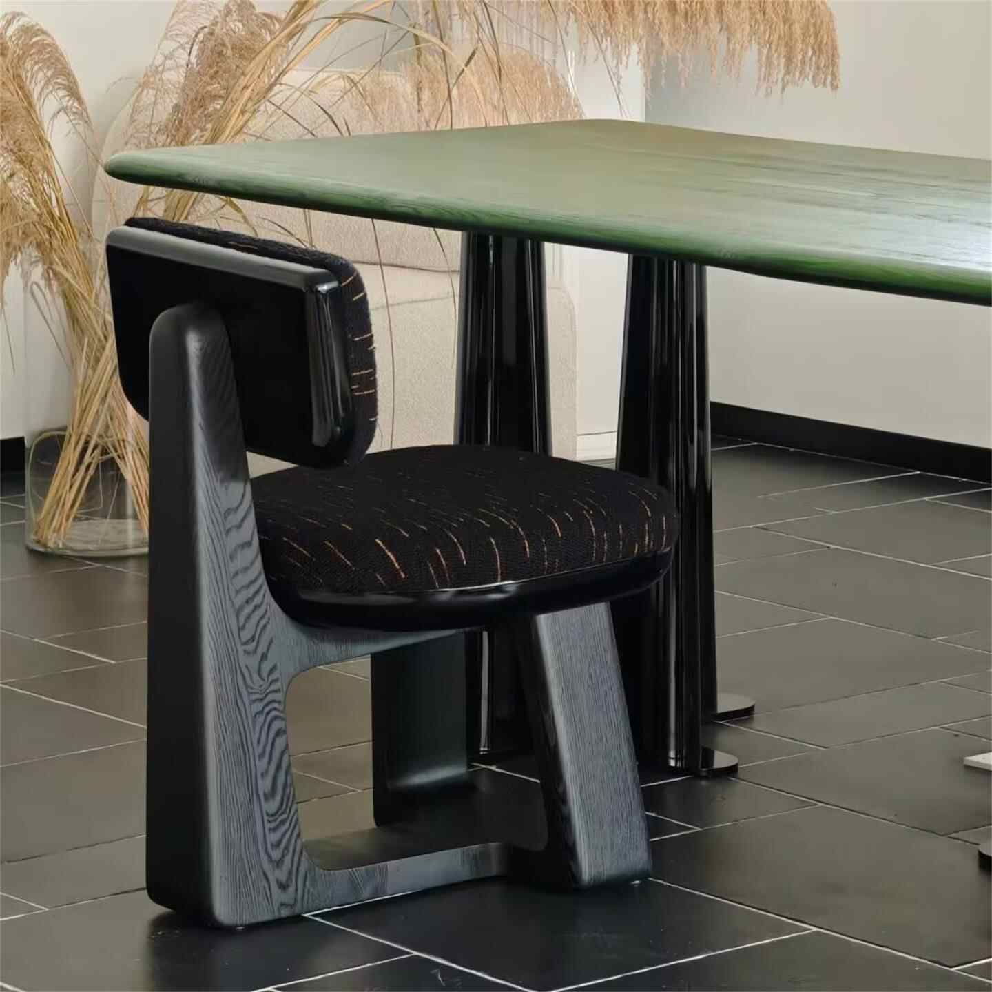 Solid Wood Designer Dining Chair, Retro Minimalist Black Upholstered Backrest Accent Chair for Home, Studio, Hotel