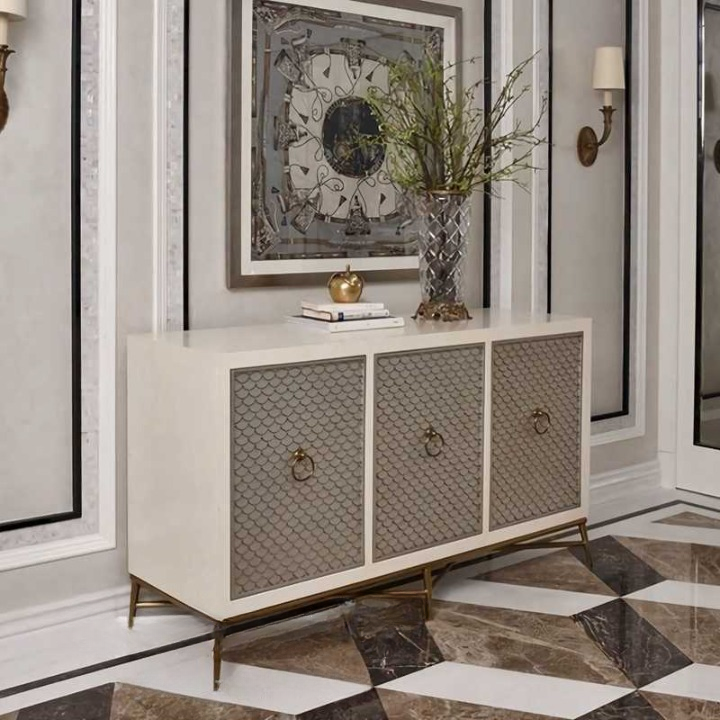 Modern Luxury Gray 3-Door Entryway Cabinet – Slim Partition Shoe Storage Sideboard for Living Room, Mid-Century Style