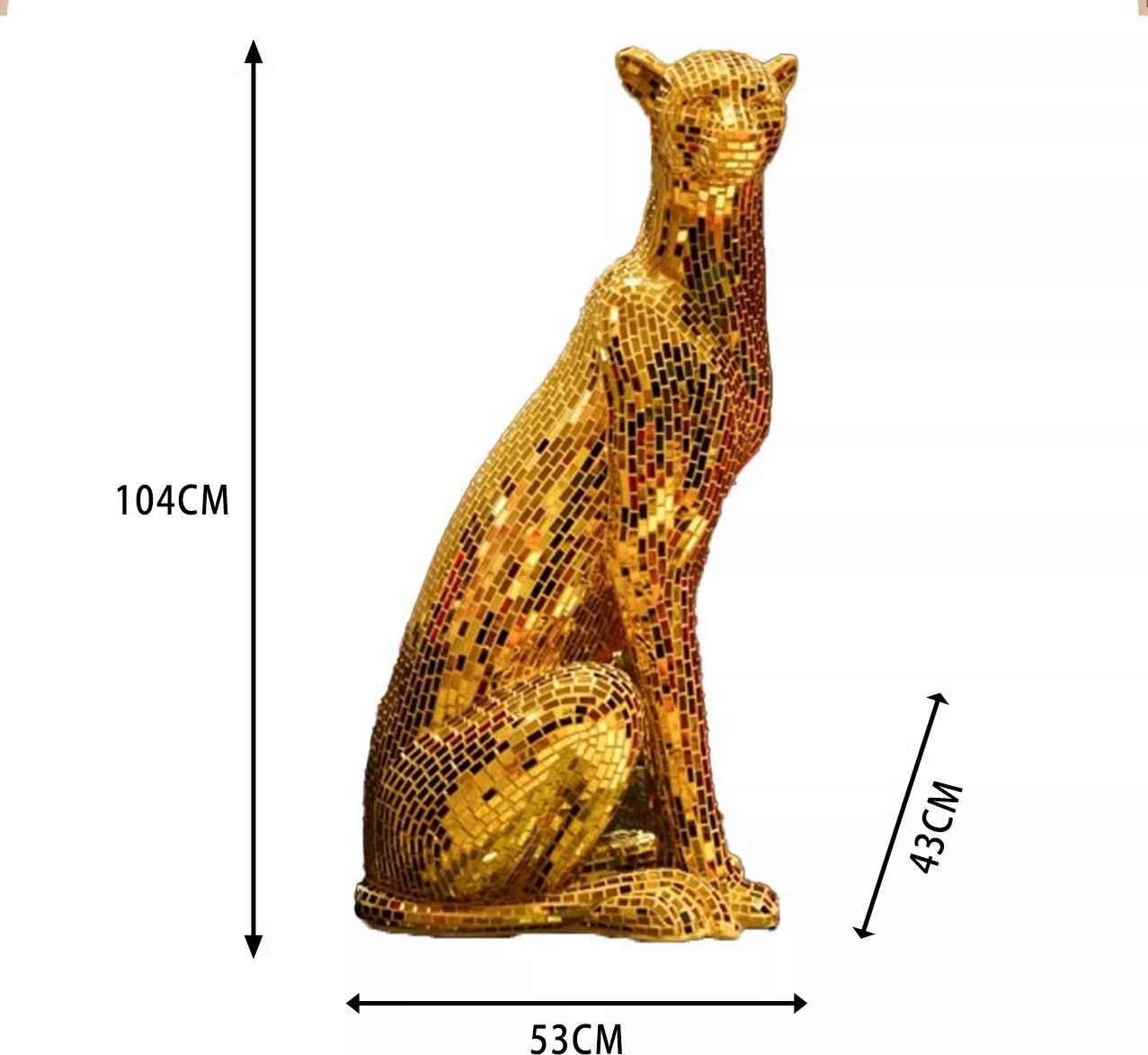 Premium Golden Mirror Mosaic Leopard Sculpture – Handcrafted Reflective Tile Art with Majestic Sitting Pose, Luxury Home Statement Piece