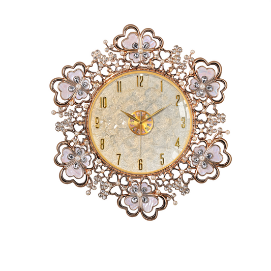 Large Floral Shell Wall Clock, 29.3-Inch Rose Gold Decorative Quartz Wall Clock with White Shell-Look Petals, Crystal Accents and Arabic Numerals for Living Room, Dining Room or Entryway
