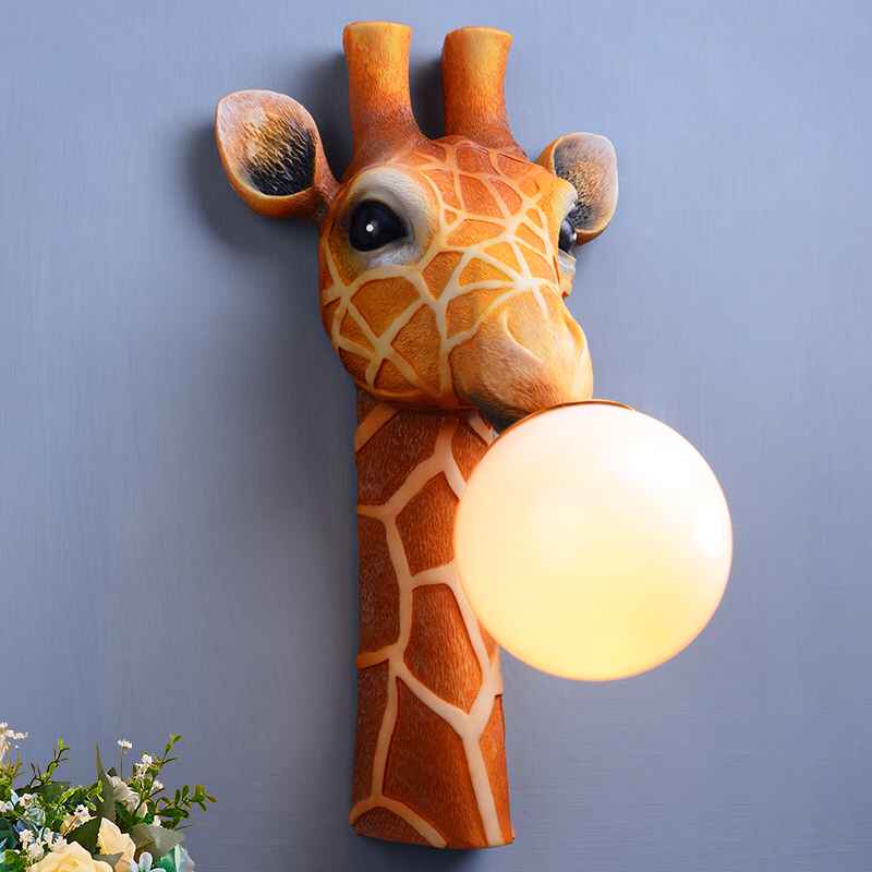 Cartoon Giraffe Wall Lamp, Creative Resin Animal Head Kids’ Bedroom/Bedside/Living Room/Study Cute Animal Decor Sconce