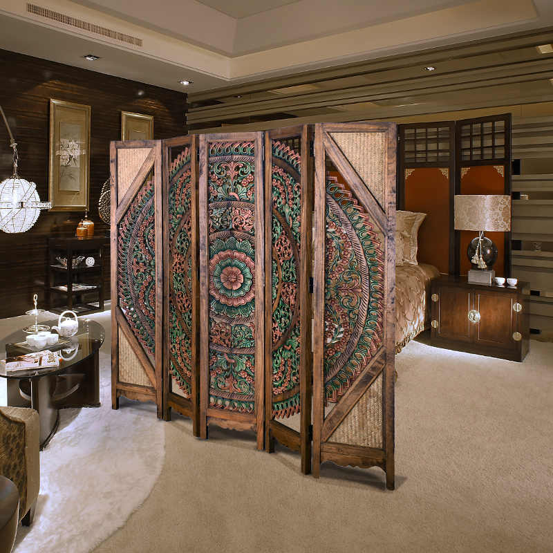 Thai Heritage Hand-Carved Wooden Room Divider Screen, Southeast Asian Floral Motif 5-Panel Folding Screen with Rattan Accents