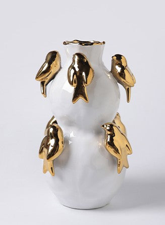 White Ceramic Vase with Gold Birds, Minimalist Art Flower Vessel with Gilt Bird Appliques, Modern Home Decor for Living Room & Entryway