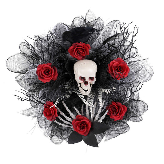 Spooky Halloween Skull Wreath with Red Roses – Creepy Skeleton Door Decoration for Haunted House, Bar, Escape Room, Horror Scene Props
