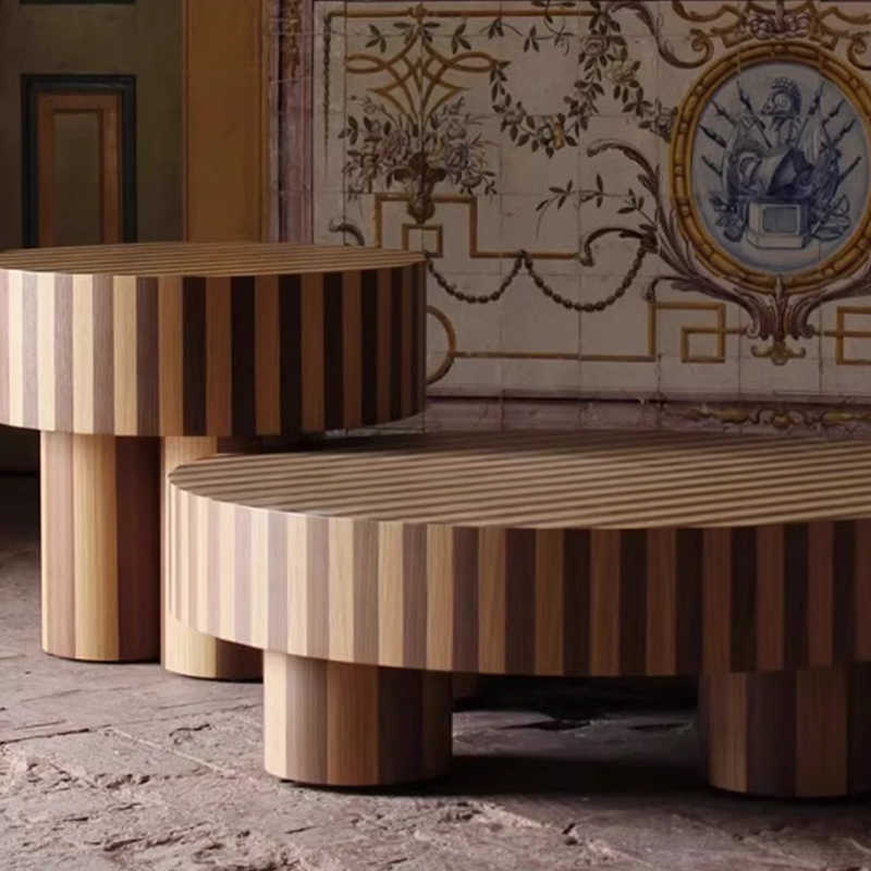 Nordic Italian Wabi-Sabi Round Striped Wood Coffee Table – Modern Small Space Living Room Accent Table, Designer Inlaid Low Tea Table, Minimalist Floral Pattern Centerpiece