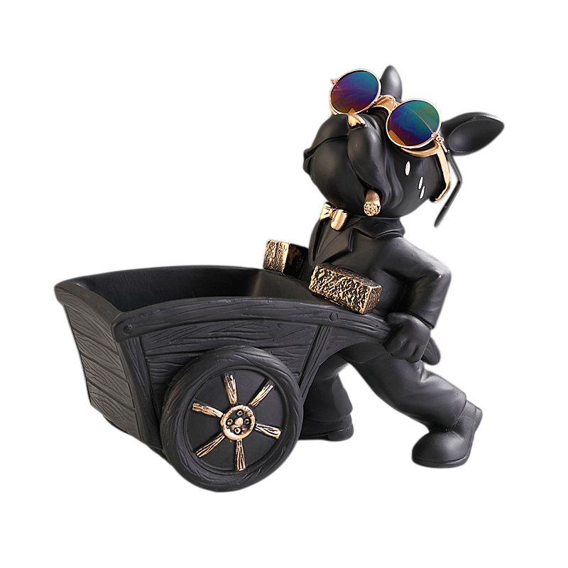 Black and Gold Bulldog Push Cart Key Holder Statue, Decorative Dog Catchall Tray with Detachable Sunglasses for Entryway, Shoe Cabinet, Console Table, Living Room and Office Desk