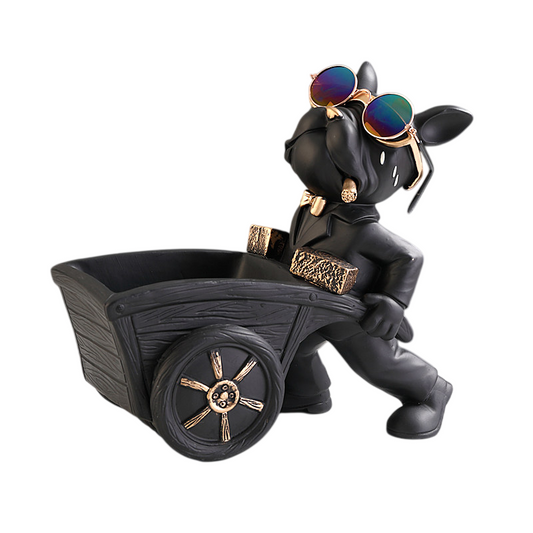 Black and Gold Bulldog Push Cart Key Holder Statue, Decorative Dog Catchall Tray with Detachable Sunglasses for Entryway, Shoe Cabinet, Console Table, Living Room and Office Desk