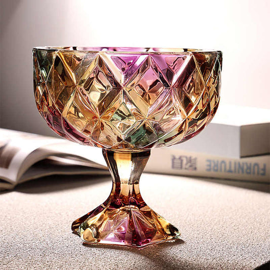 Creative Crystal Glass Pedestal Fruit Bowl, Diamond-Cut Rainbow Stemware Compote Dish, Luxury High-Value Candy Bowl for Home