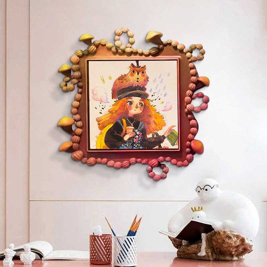3D Cartoon Girl and Owl Wall Art, Whimsical Embossed Kids Room Decor, Playful Square Relief Panel for Bedroom or Study