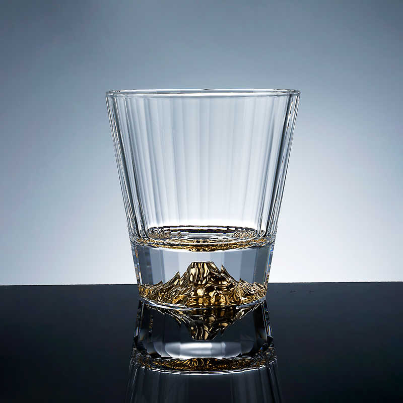 Gold Mountain Crystal Whiskey Glass, Luxury Striped Wide-Rim Spirits Tumbler for Home Bar, Premium Beer & Cocktail Glass with Gift Box