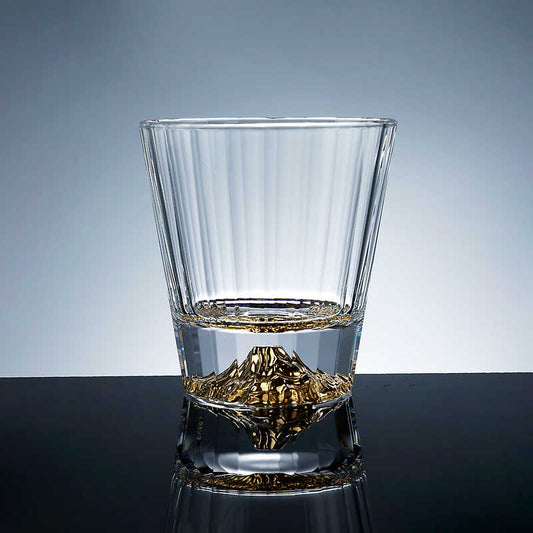 Gold Mountain Crystal Whiskey Glass, Luxury Striped Wide-Rim Spirits Tumbler for Home Bar, Premium Beer & Cocktail Glass with Gift Box