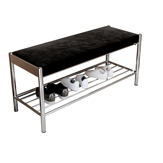 Stainless Steel Shoe Bench with Padded Black Chenille Seat, 31.5-Inch Entryway Bench with Lower Shoe Storage Rack for Hallway, Bedroom, Closet or Foyer