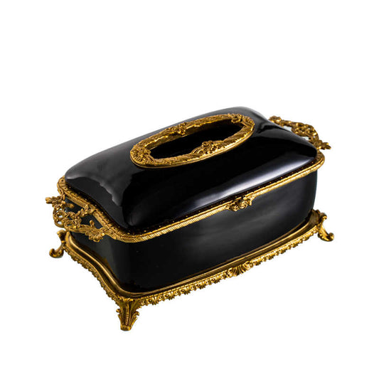 Luxury Black Porcelain and Brass Tissue Box Holder – Elegant Decorative Napkin Dispenser for Living Room, Dining Table, Office, and Coffee Table