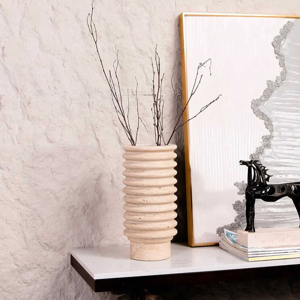 Luxury Modern Textured Marble Vase – Beige Cylinder Flower Pot, Creative Dining Table Accent for Living Room, Hotel, Showroom Decor