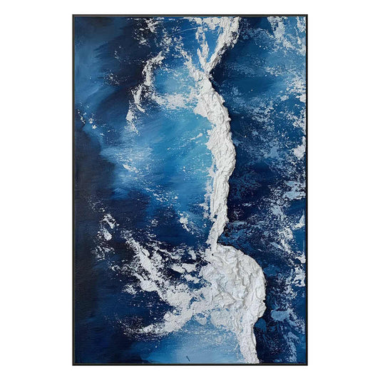 Modern Minimalist Deep Blue Abstract Ocean Waves Textured Hand-Painted Canvas Wall Art with Black Aluminum Frame, Living Room Sofa & Entryway Decor