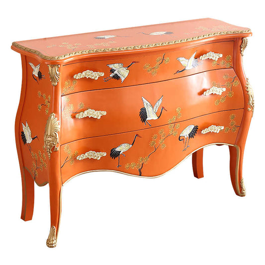 French Chinoiserie Orange Lacquered Console with Hand-Painted Flying Cranes, Traditional Bombé Entry Cabinet