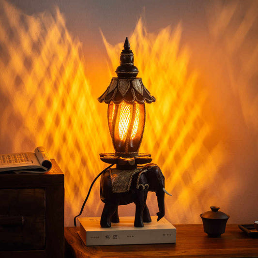 Southeast Asian Handcrafted Wooden Elephant Table Lamp, Vintage Zen Bedside & Accent Light for Living Room, Tea Room, Study